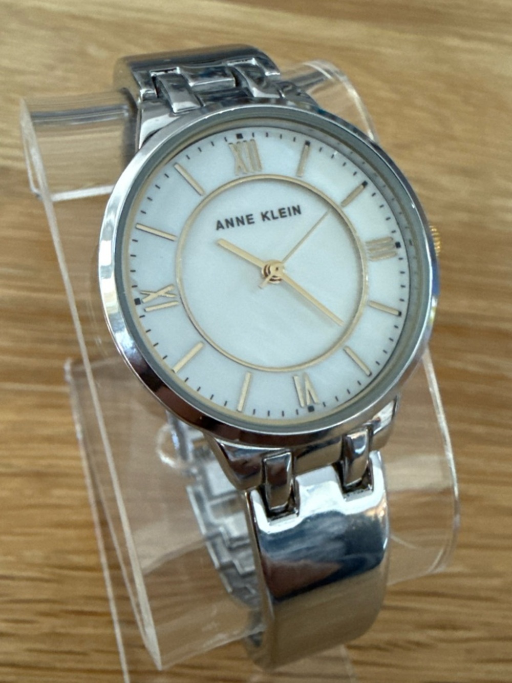 Anne Klein Watch w/ Mother Of Pearl Face. Silver & Gold Tone Adjustable Bracelet